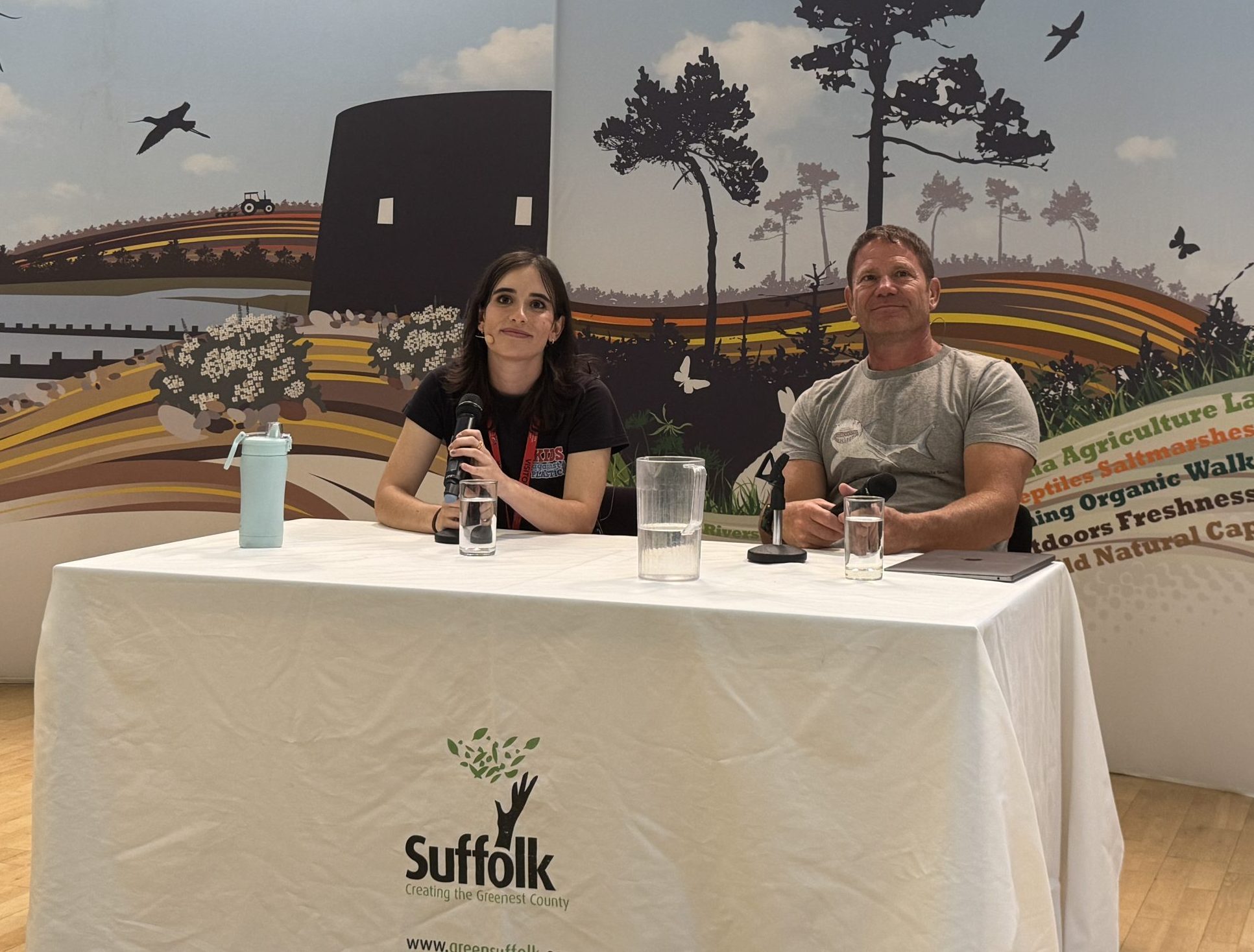 Steve Backshall and Amy Meek answering student questions at the Suffolk Youth Climate Conference 2025.